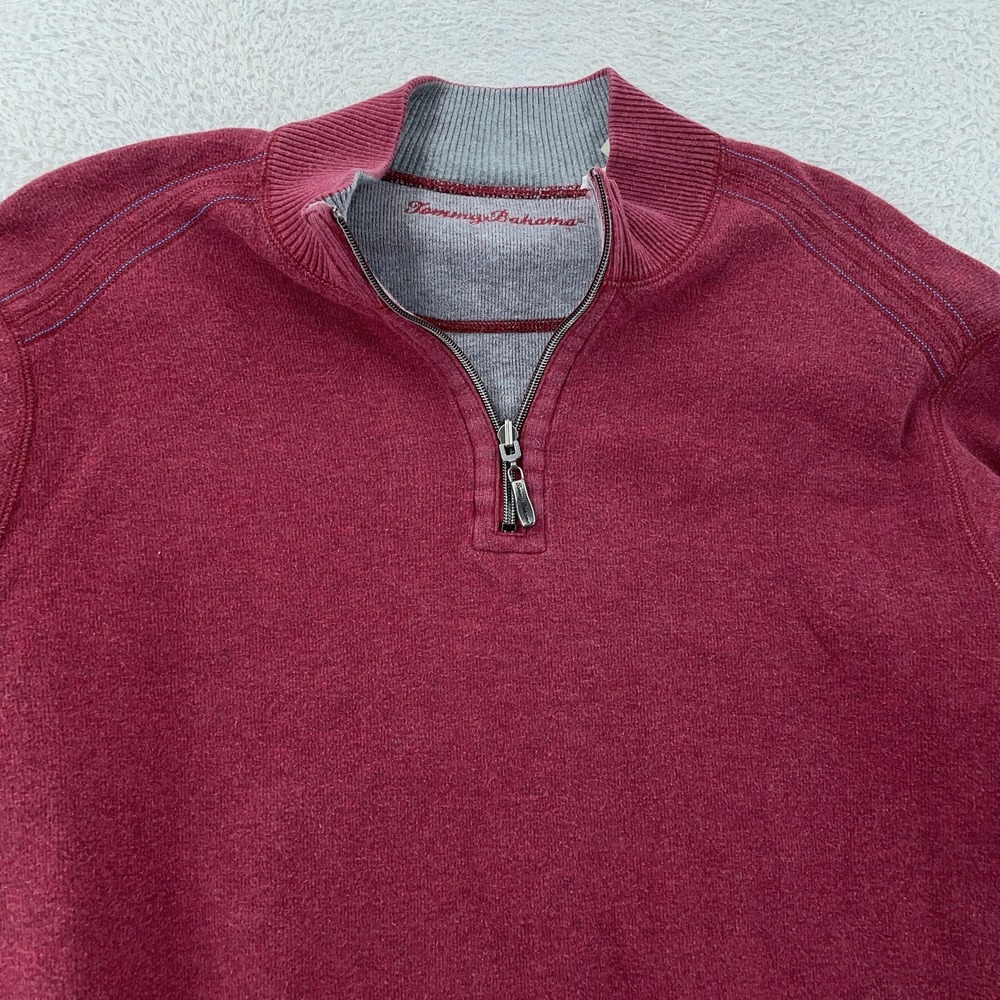 Tommy Bahama Sweater Mens Large Burgundy Gray Reversible Quarter Zip Pullover‎